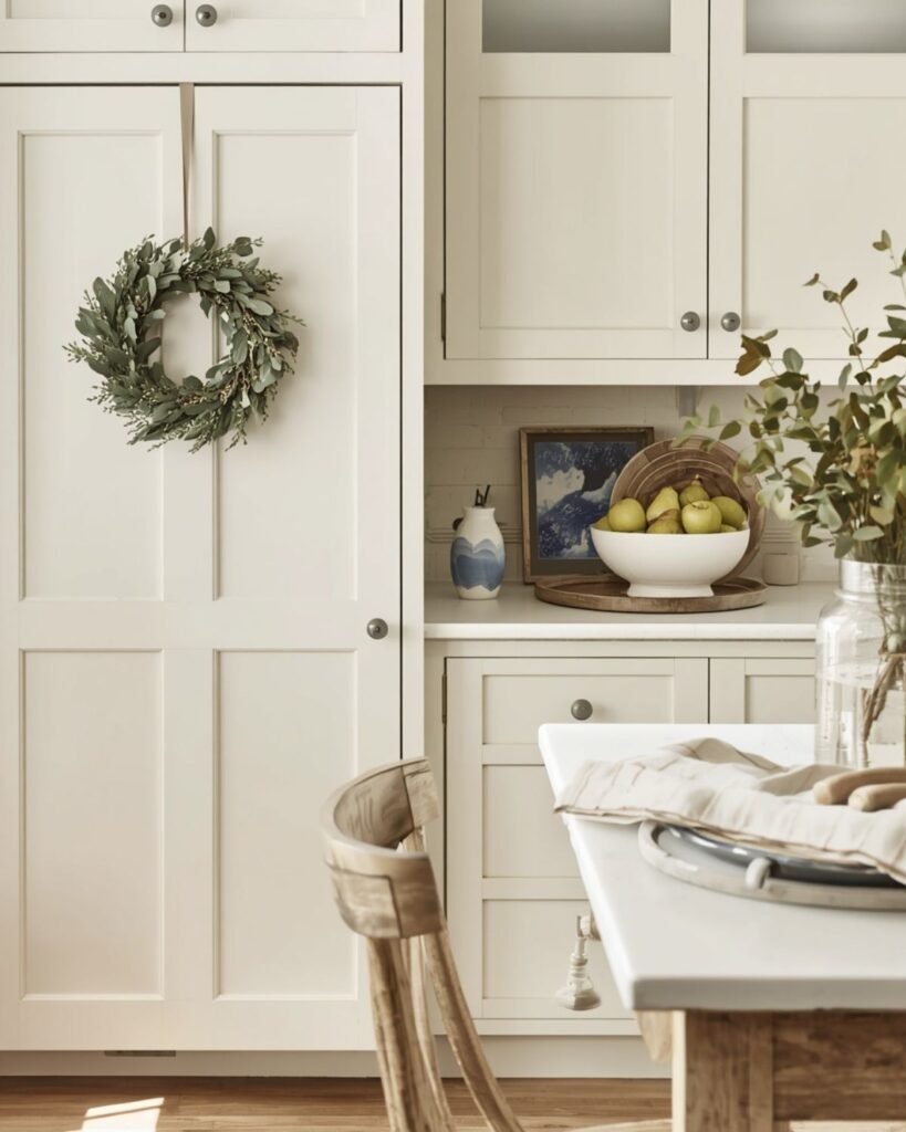 Cozy cottage kitchen with soft seasonal decor, warm wood accents, greenery, and a small wreath