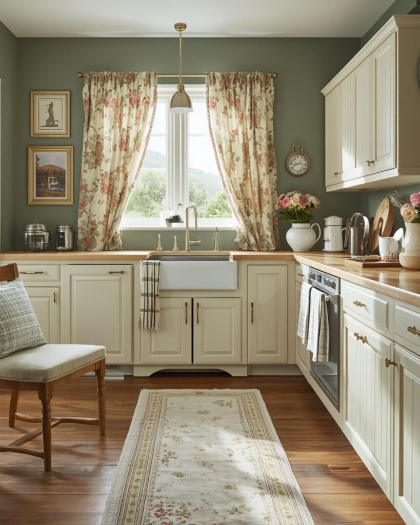 Cozy cottage kitchen with floral curtains, striped dish towels, a vintage-style rug, and soft layered textures
