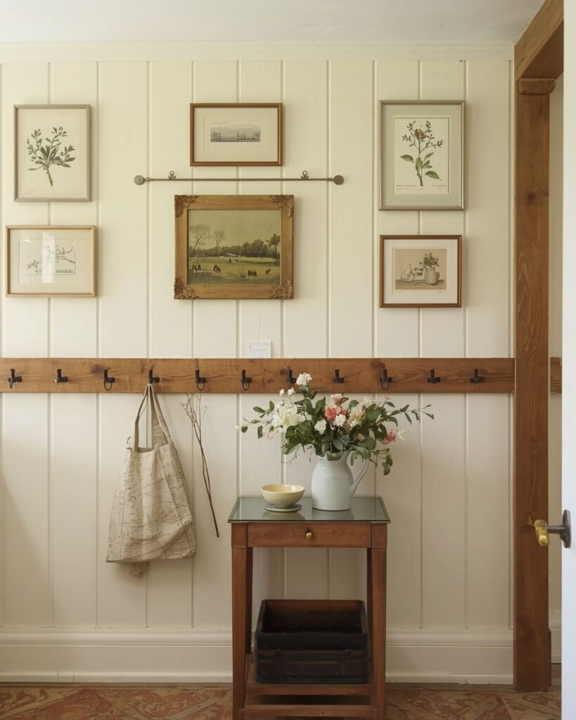 Cottage kitchen wall with framed botanical art, cream paneling, a peg rail, and soft vintage-inspired decor