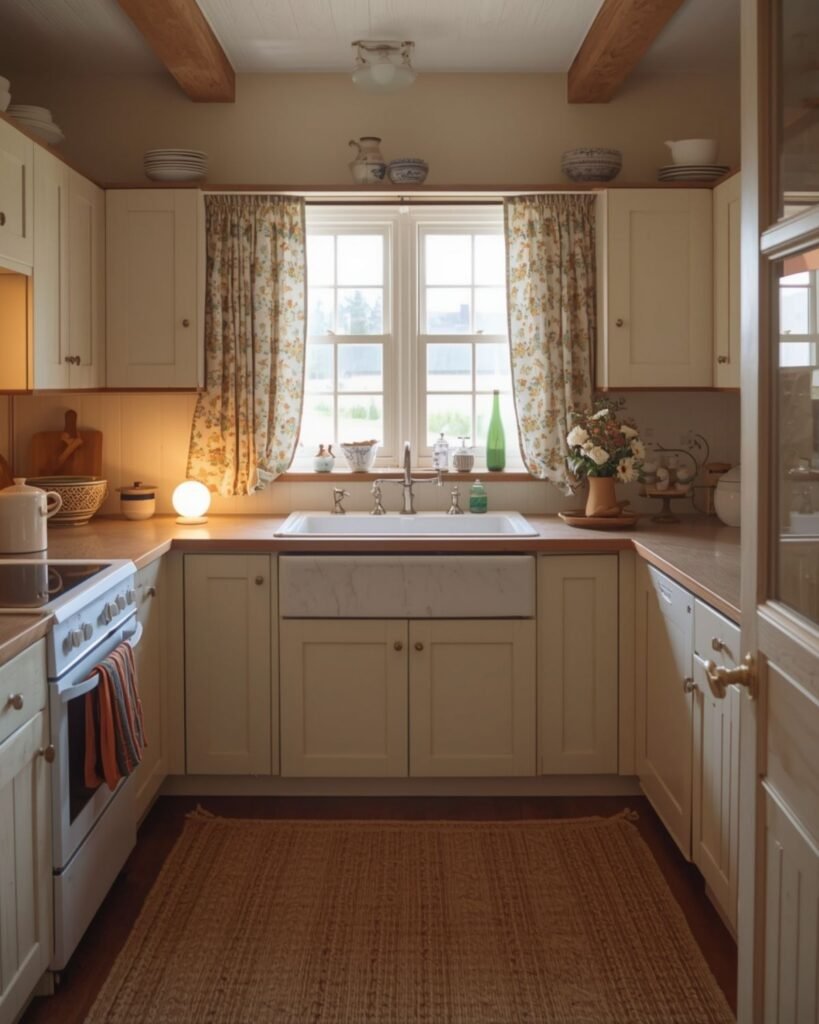 Warm cottage kitchen with cream cabinets, wood accents, vintage details, and a cozy lived-in feel