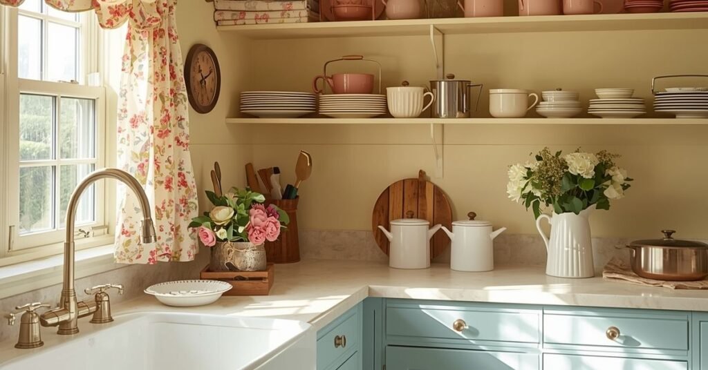 Colorful cottage kitchen with butter yellow walls, pale blue cabinets, floral curtains, and vintage dishes