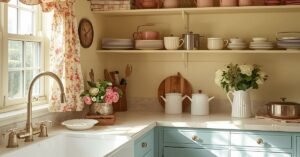 Colorful cottage kitchen with butter yellow walls, pale blue cabinets, floral curtains, and vintage dishes