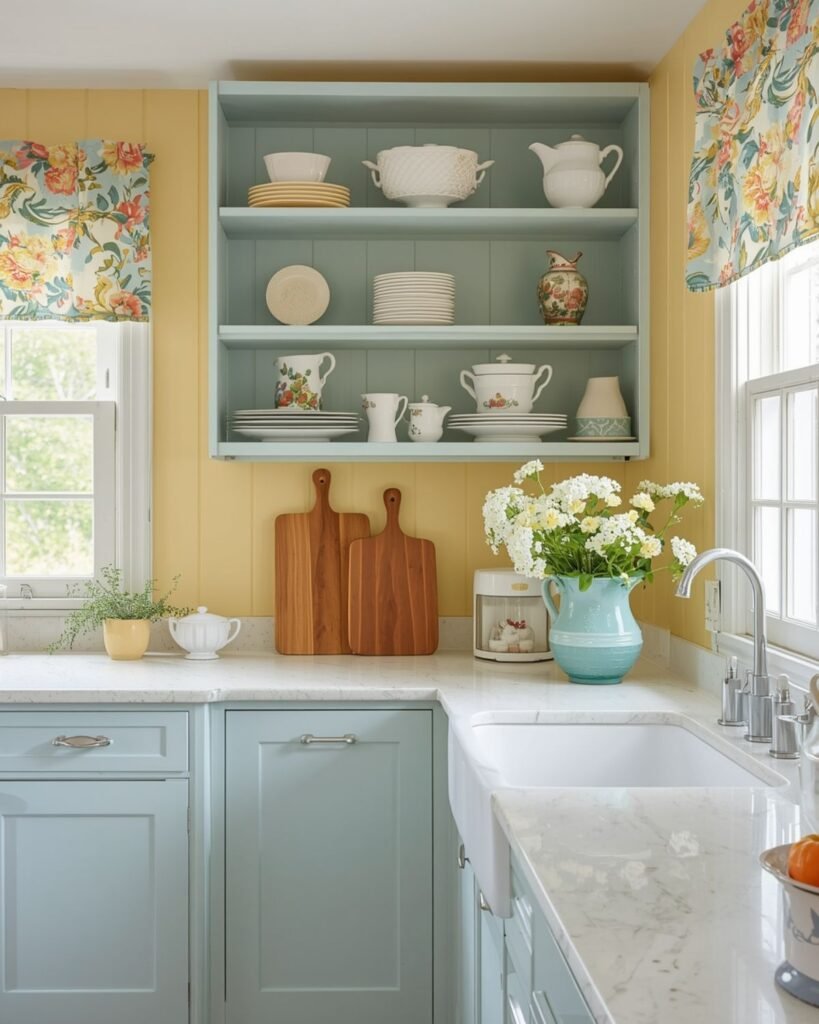 Colorful cottage kitchen with pale blue cabinets, butter yellow walls, floral curtains, and vintage dishes