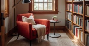 Cozy small home library with reading chair, narrow bookshelves, warm lighting, and soft neutral decor