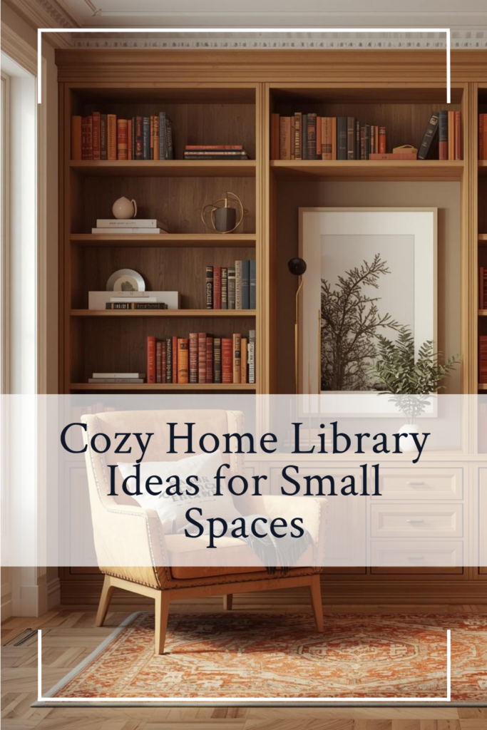 Pinterest image for cozy home library ideas for small spaces featuring a colorful modern apartment reading corner