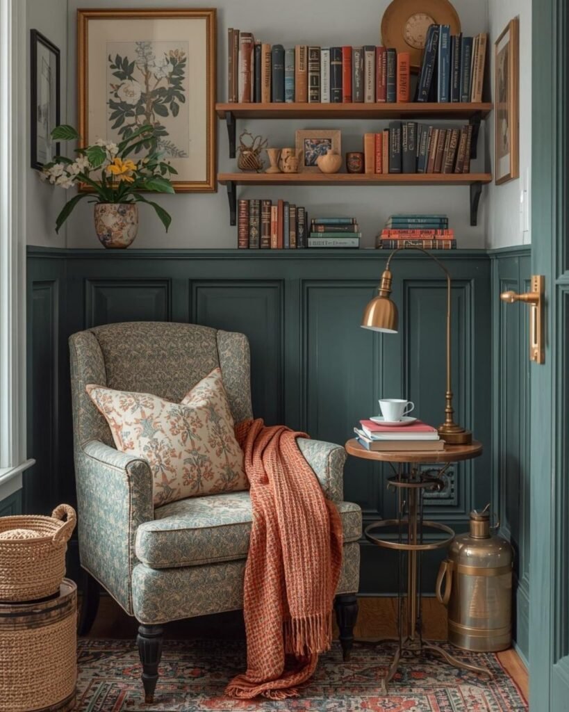 Vintage-inspired cozy reading corner in a small space with colorful books, warm lighting, and layered decor