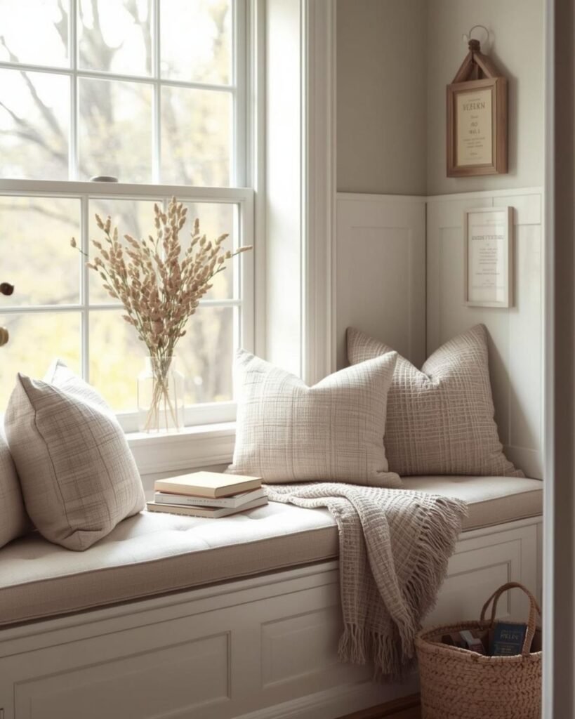 Small window seat reading nook with pillows, books, and soft natural light
