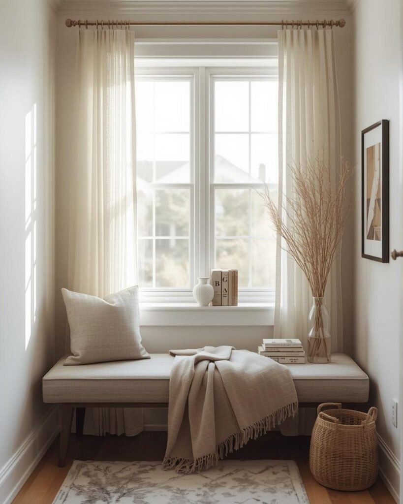 Cozy reading nook under a window with chair, books, and soft natural light