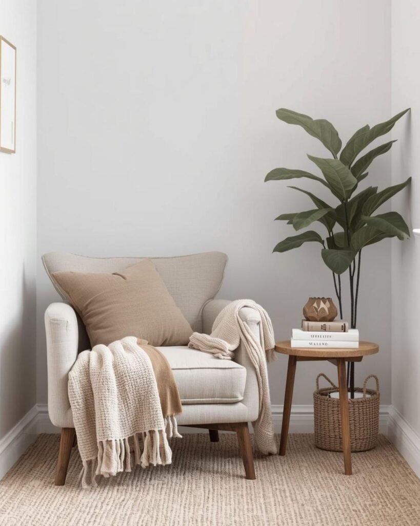 Minimal warm reading nook with simple chair, soft throw, books, and neutral decor