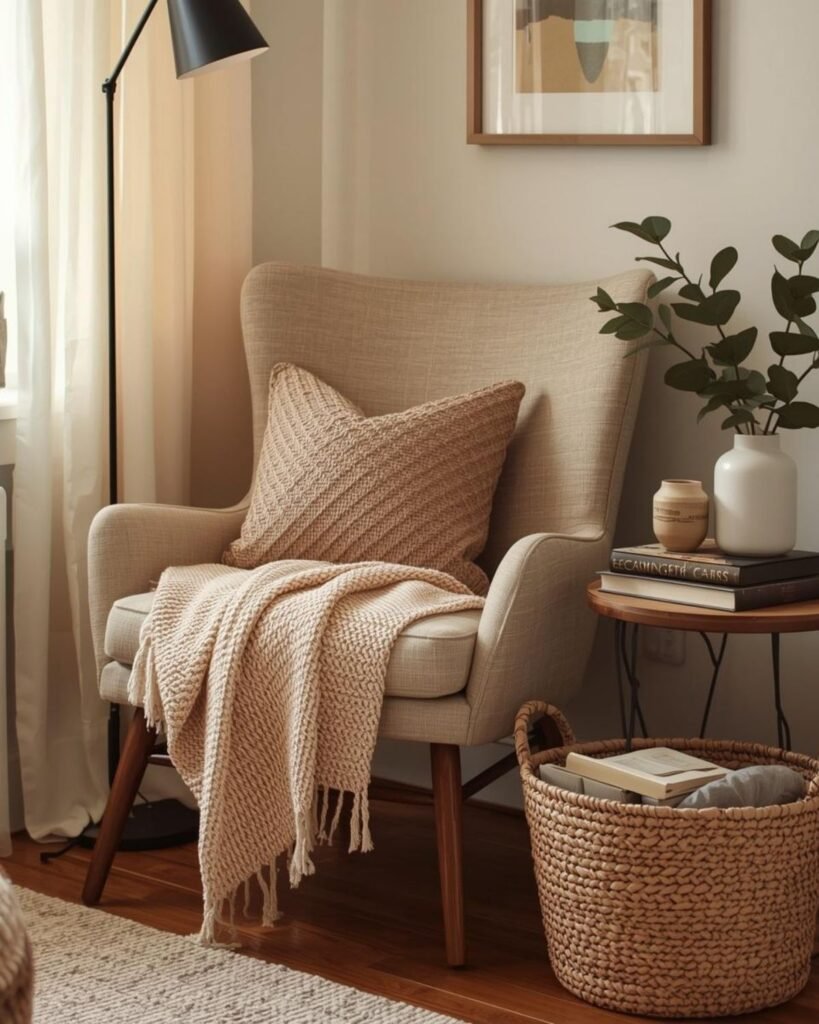 Cozy reading nook with chair, woven basket of books, and warm neutral decor