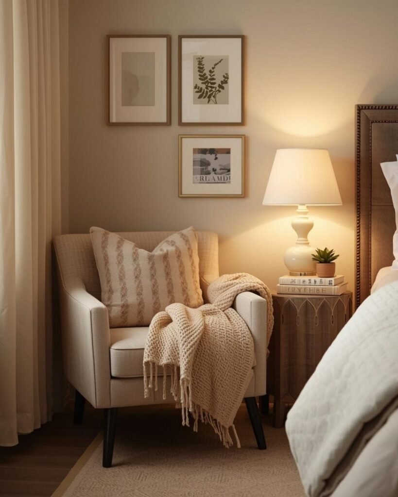 Cozy bedroom reading corner with chair, books, and soft warm neutral decor