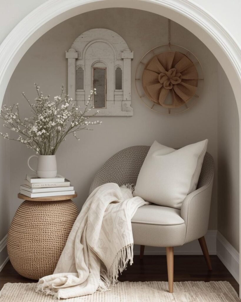 Seasonal cozy reading nook with chair, books, soft textiles, and light spring accents