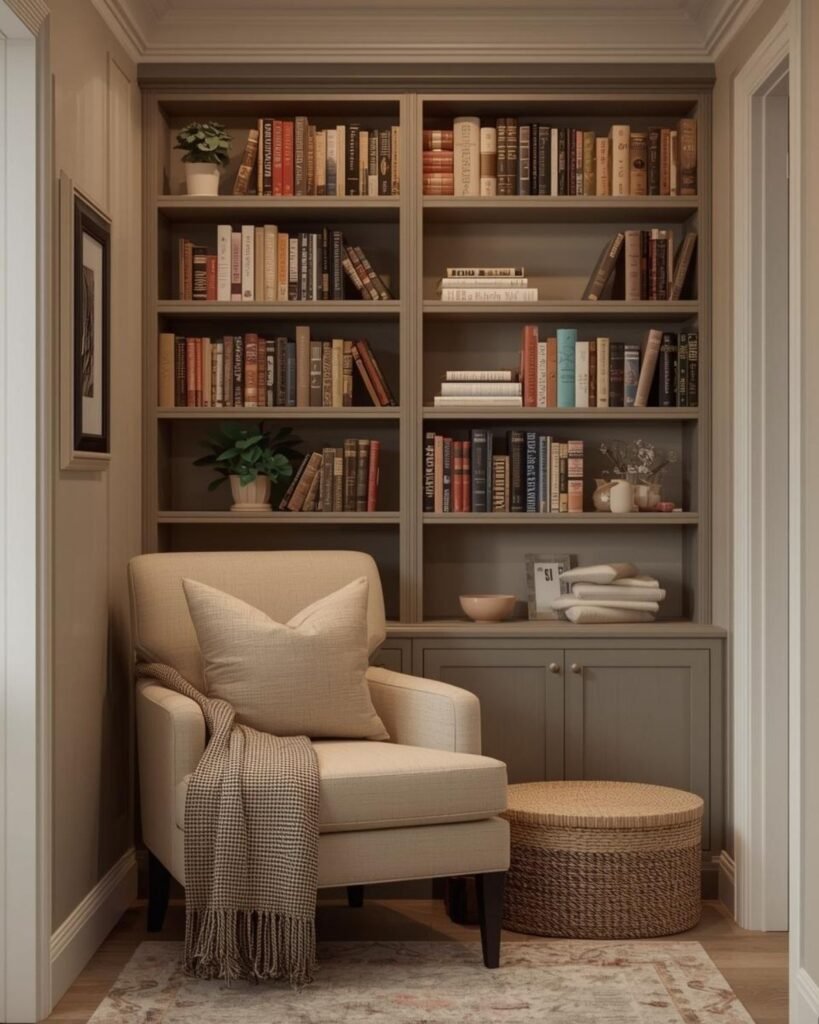 Small reading nook beside a bookshelf wall with chair, books, and cozy decor
