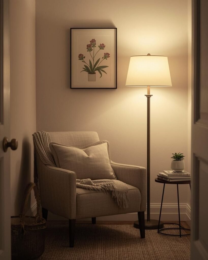 Cozy reading nook with chair, floor lamp, books, and warm evening lighting