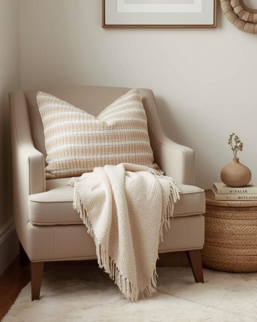 Neutral cozy reading nook with soft textures, chair, books, and warm layered decor