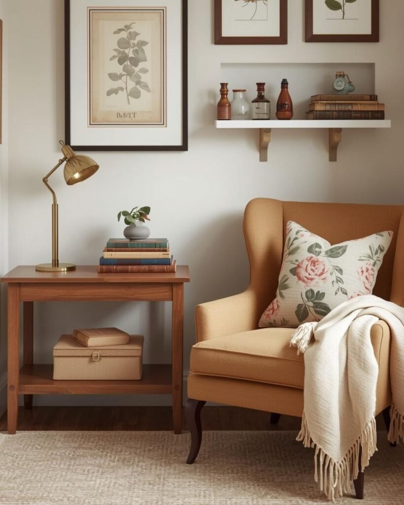 Vintage-inspired reading nook with chair, old books, warm lamp, and cozy decor