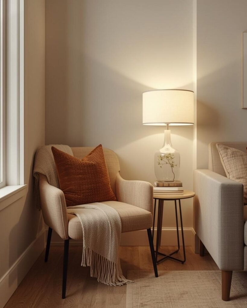 Small apartment reading nook with compact chair, books, and warm cozy decor