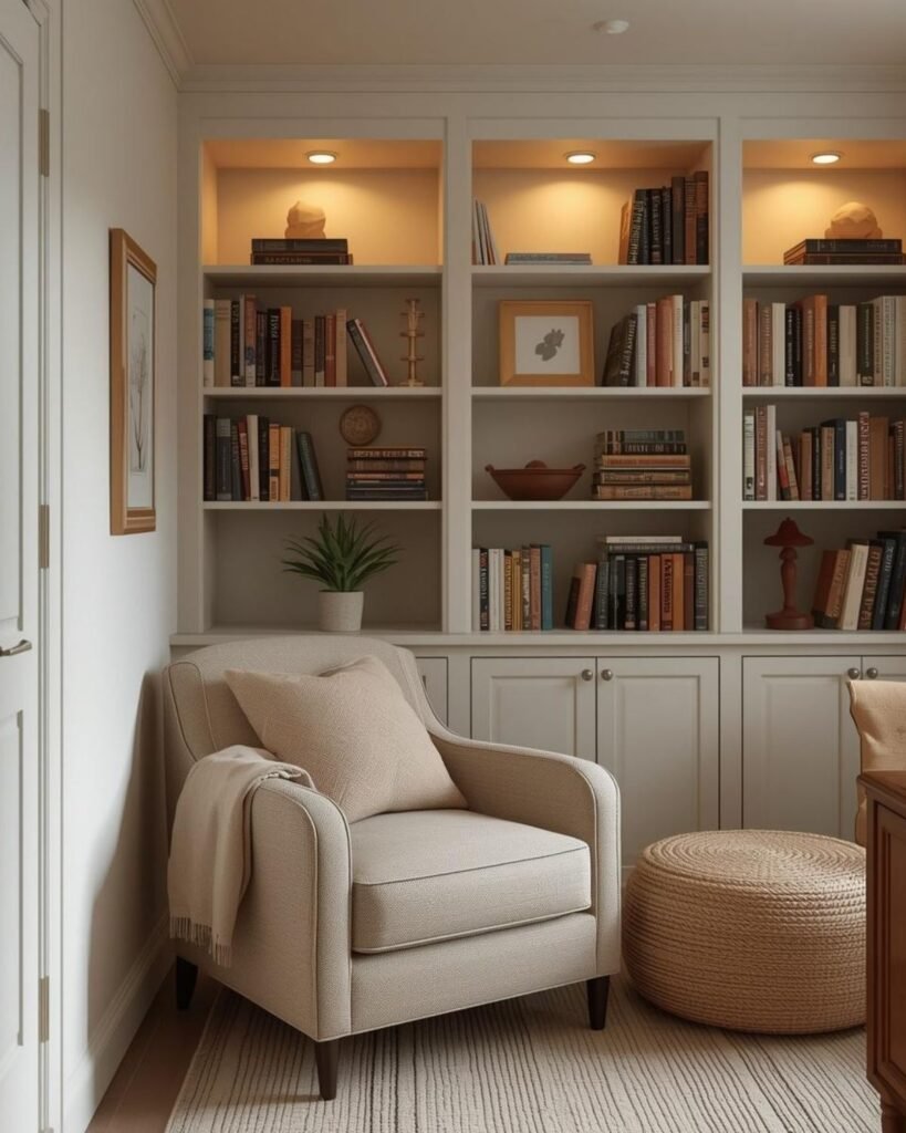 Cozy reading nook with chair beside built-in shelving and books in a small space