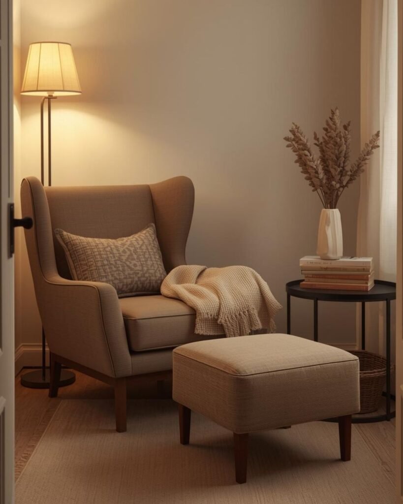 Cozy reading chair and ottoman in a small space with books and warm decor