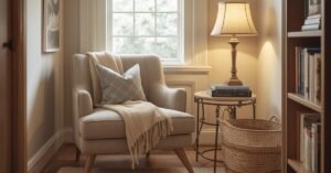 Cozy reading nook in a small space with chair, lamp, books, and soft neutral decor