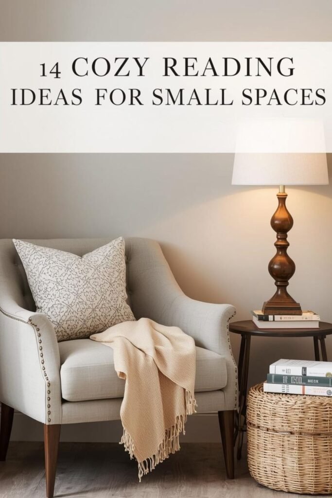 Pinterest pin for cozy reading nook ideas in small spaces with chair, books, and warm neutral decor