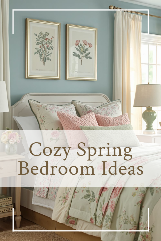 Vertical Pinterest image for cozy spring bedroom ideas with colorful bedding, floral accents, and vintage-inspired decor