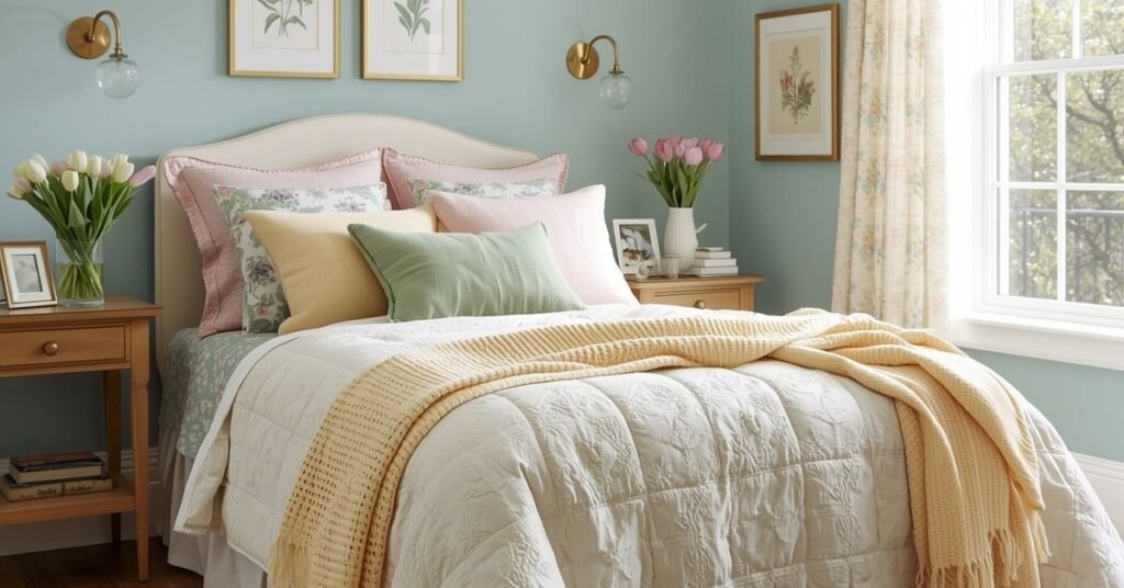 Colorful cozy spring bedroom with floral bedding, pastel pillows, vintage decor, and fresh flowers