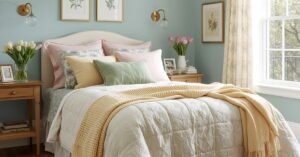 Colorful cozy spring bedroom with floral bedding, pastel pillows, vintage decor, and fresh flowers