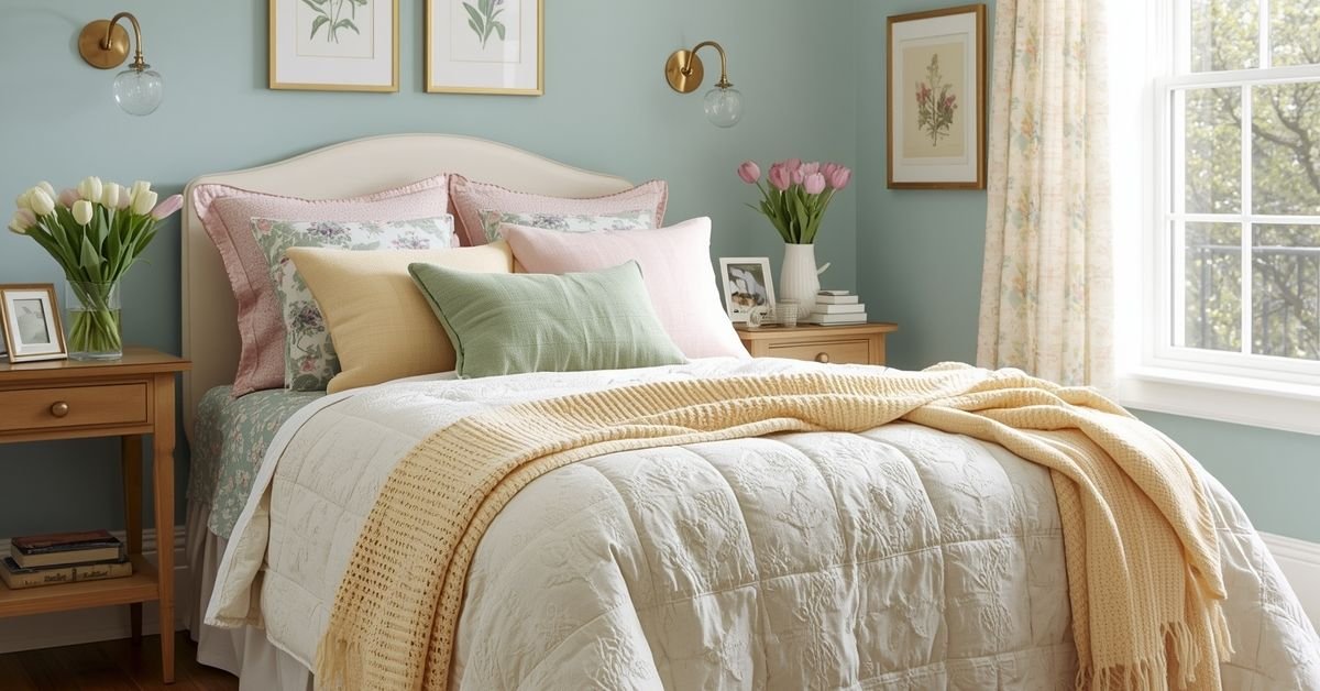 Colorful cozy spring bedroom with floral bedding, pastel pillows, vintage decor, and fresh flowers