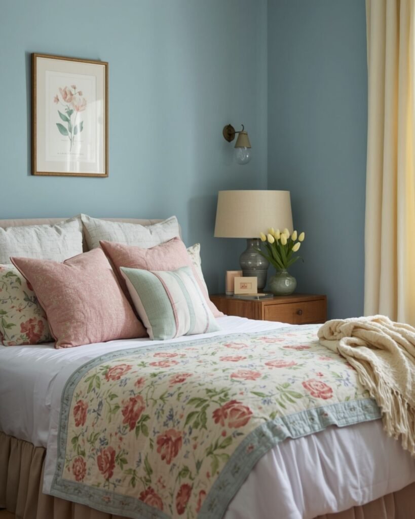 Colorful cozy spring bedroom with floral bedding, pastel pillows, and fresh tulips