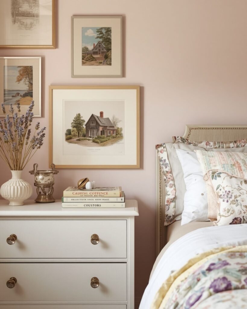 Spring bedroom with botanical wall art, pastel decor, and soft lavender accents