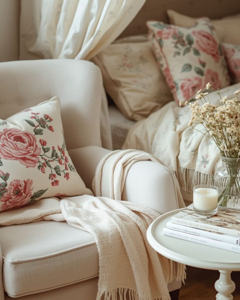 Cozy spring bedroom reading corner with wildflowers, books, and soft pastel decor