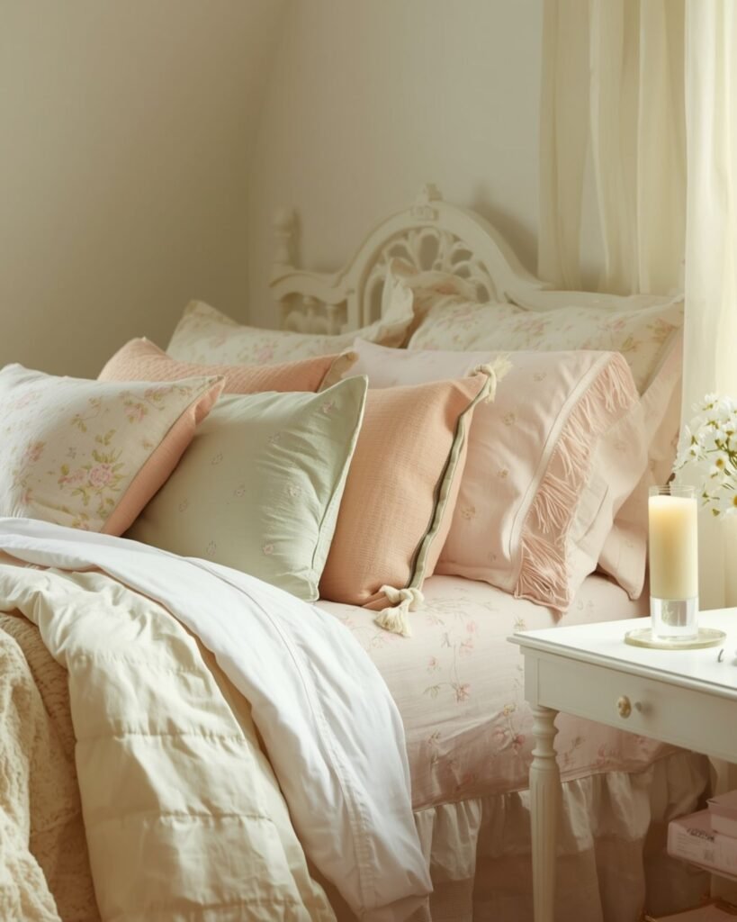 Calm spring bedroom with tidy decor, pastel bedding, and simple daisy accents