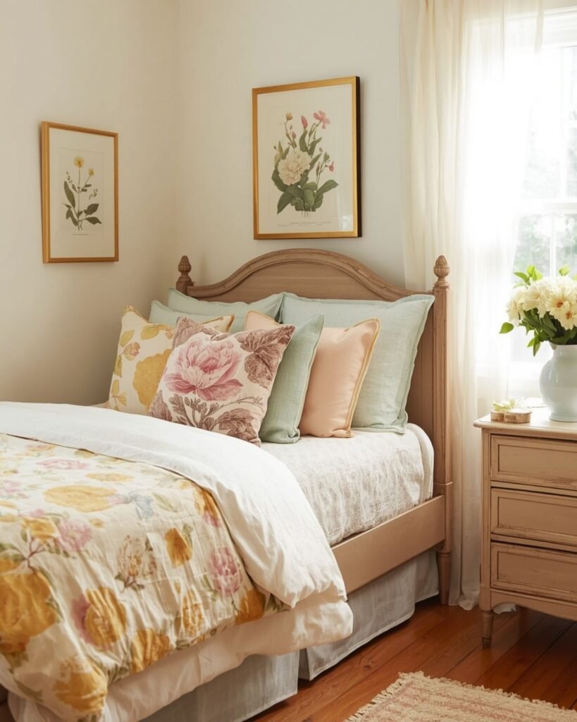 Cozy spring bedroom corner with floral bedding, pastel pillows, and vintage decor