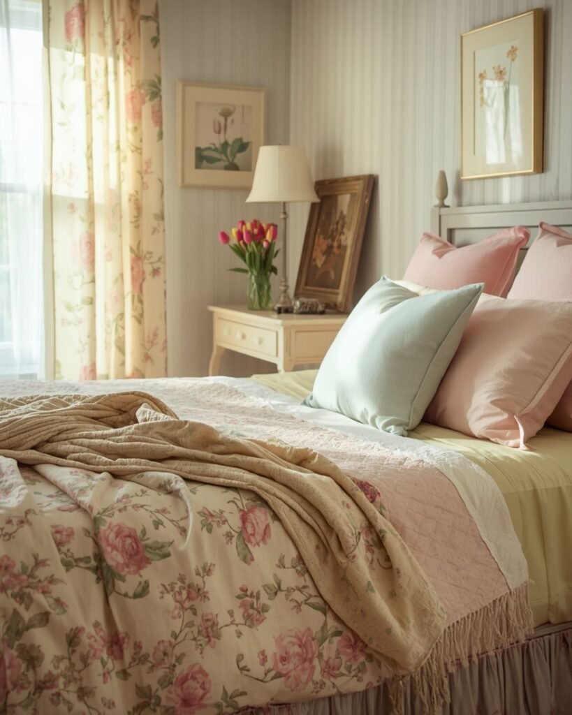 Vintage spring bedroom with floral bedding, pastel pillows, and botanical wall art