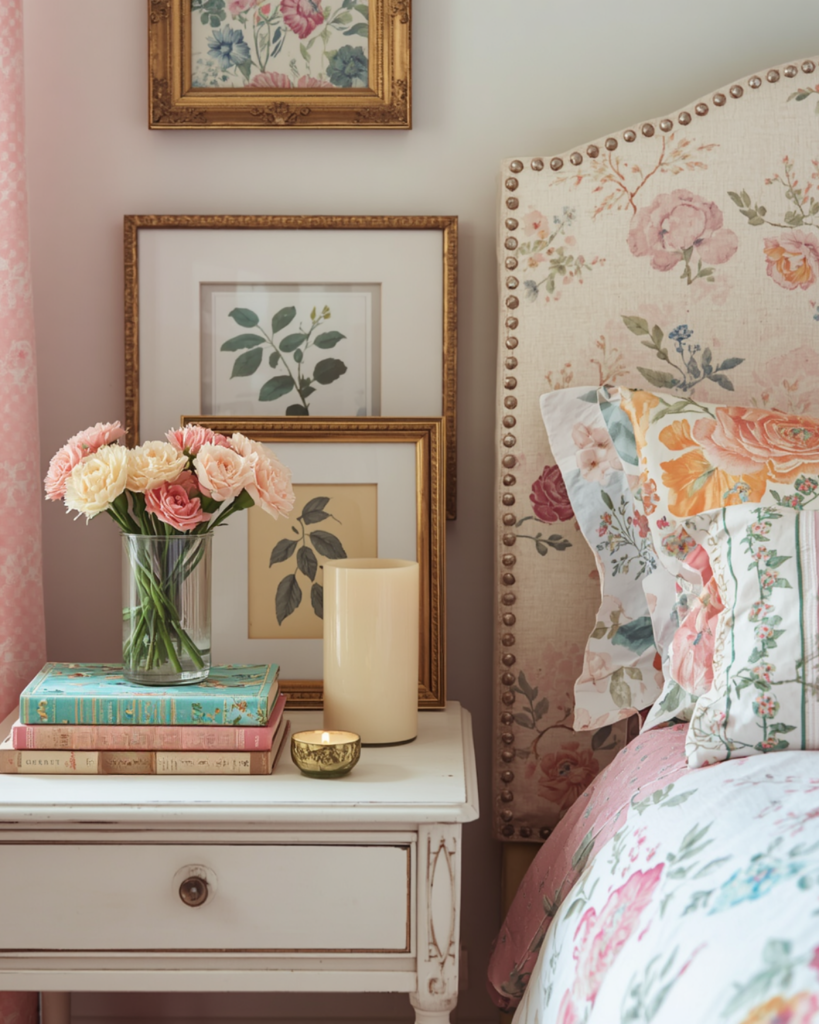 Spring bedroom nightstand with carnations, vintage books, and botanical decor