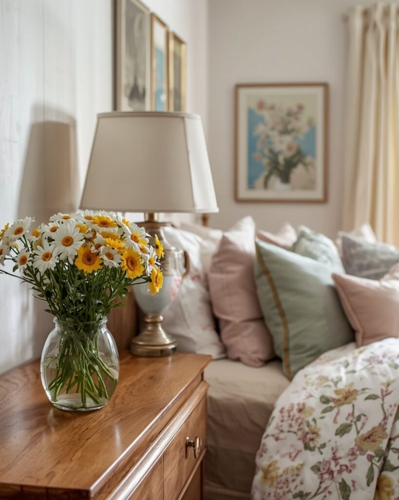 Cozy spring bedroom with daisies, floral bedding, and soft pastel accents