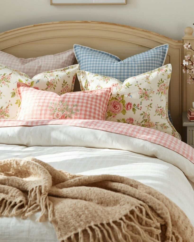 Cozy spring bedroom with floral pillow covers, layered bedding, and cherry blossoms