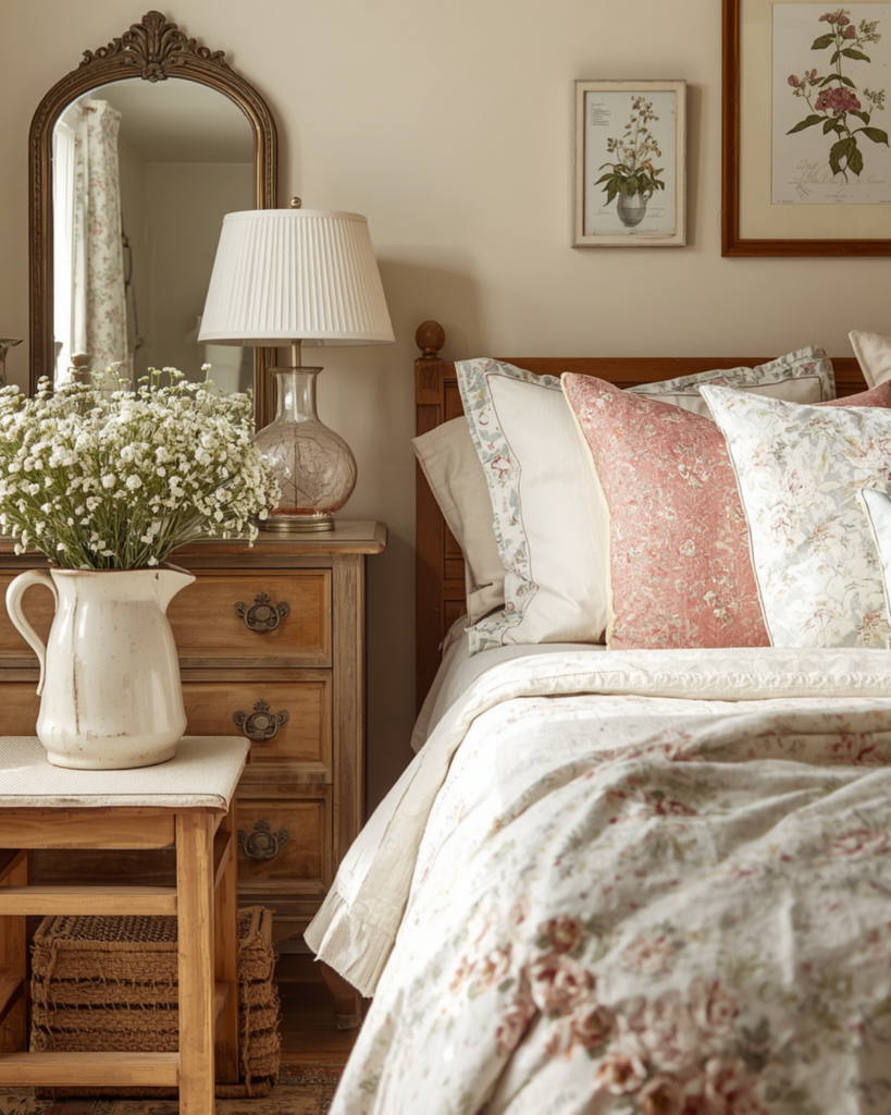 Spring bedroom with thrifted vintage decor, baby's breath, and soft floral bedding