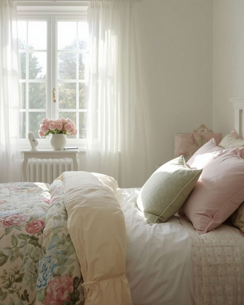 Bright spring bedroom with airy curtains, pastel bedding, and soft pink peonies