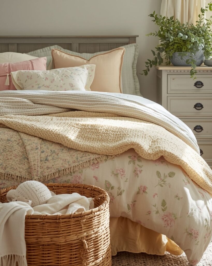 Cozy spring bedroom with a woven basket, folded throw, and fresh greenery
