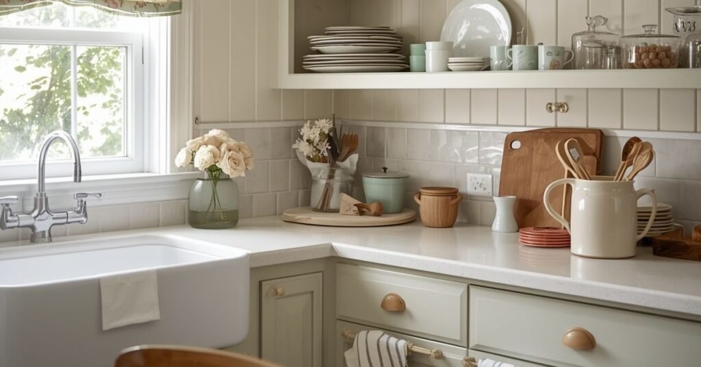 Cozy grandmacore kitchen with floral curtains, vintage dishes, soft colors, and warm nostalgic decor