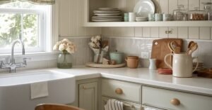 Cozy grandmacore kitchen with floral curtains, vintage dishes, soft colors, and warm nostalgic decor