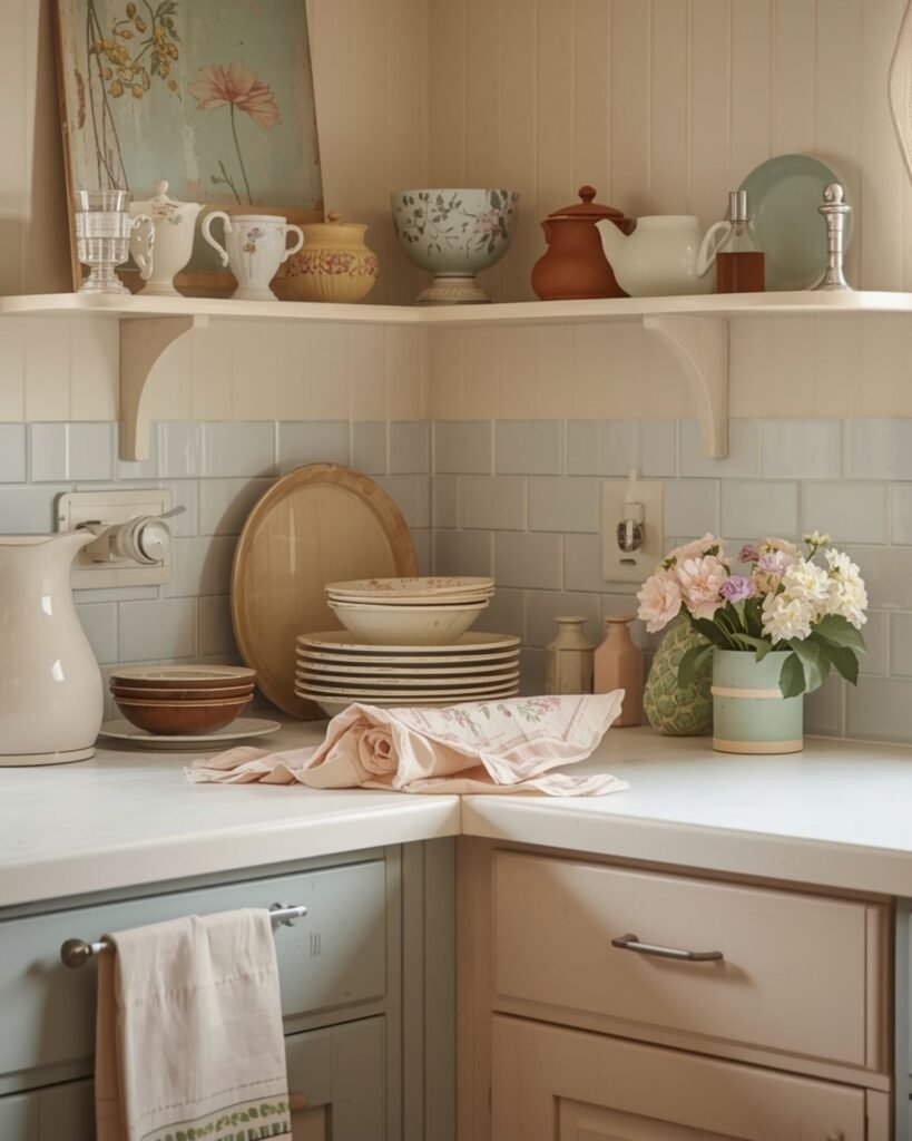 Grandmacore kitchen corner with soft warm colors, floral dishes, and cozy vintage decor