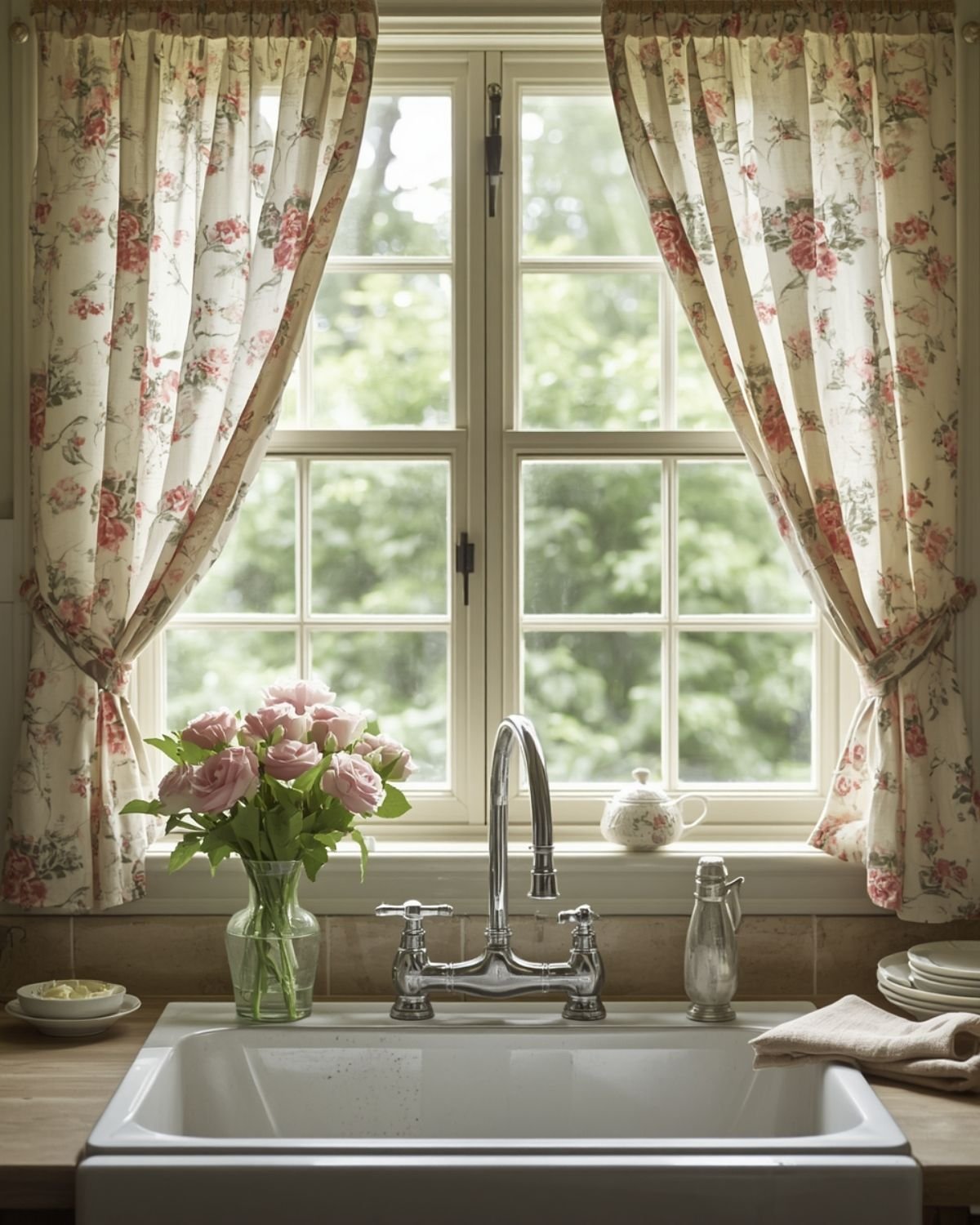 Grandmacore kitchen window with floral café curtains and cozy vintage sink decor
