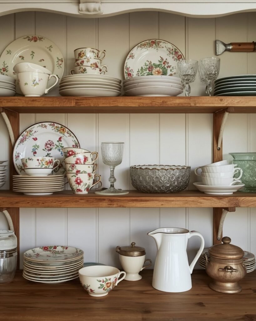 Open kitchen shelves styled with vintage dishes, teacups, and glassware in a grandmacore kitchen
