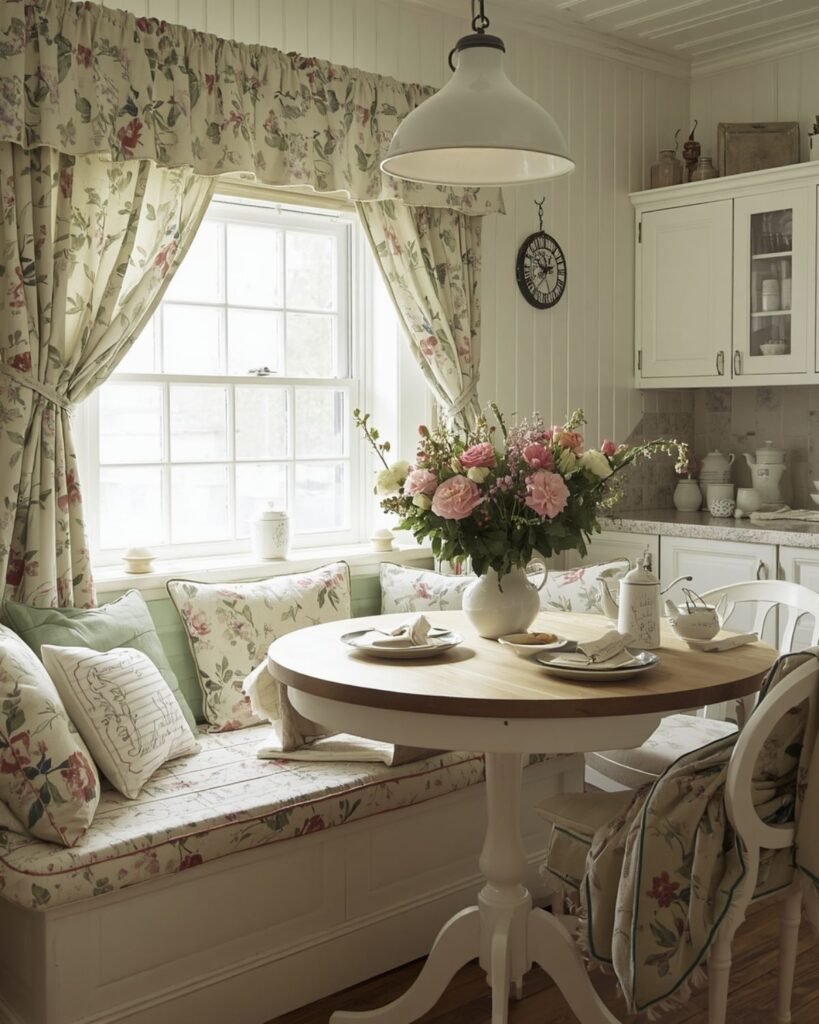 Grandmacore kitchen with soft floral curtains, patterned linens, and cozy vintage charm