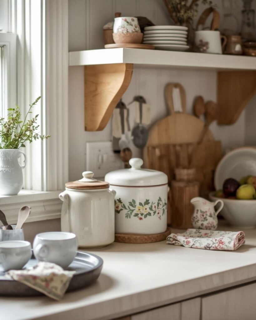 Grandmacore kitchen counter styled with canisters, wooden spoons, fruit, and cozy vintage details