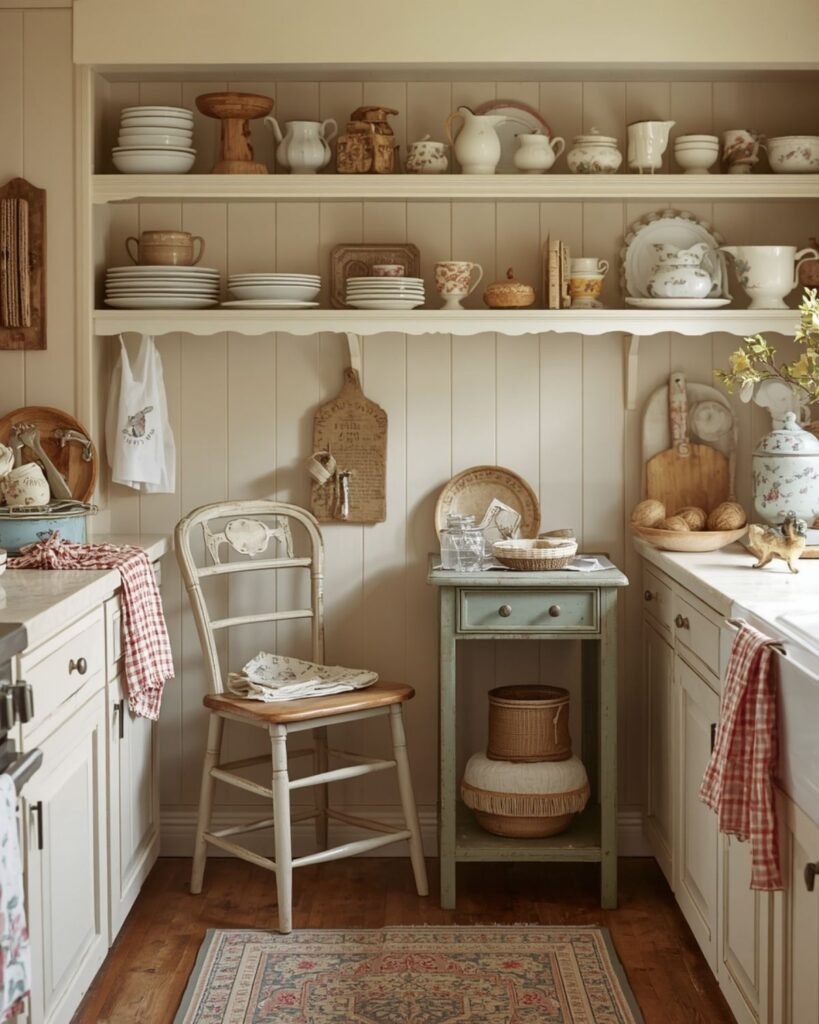 Grandmacore kitchen with a thrifted vintage chair and cozy collected decor