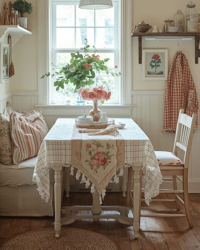 Grandmacore kitchen with layered textiles, floral linens, and a cozy vintage breakfast nook